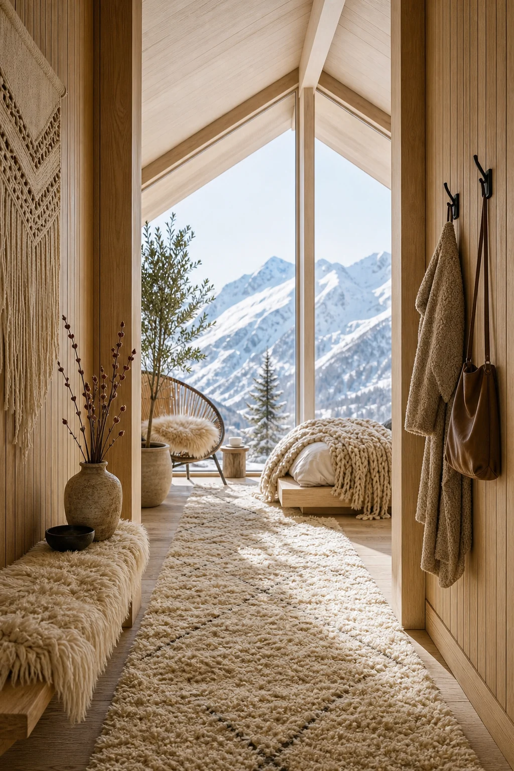 Hallway passage lined with pale oak vertical paneling and a deep-pile cream Moroccan-style runner rug.