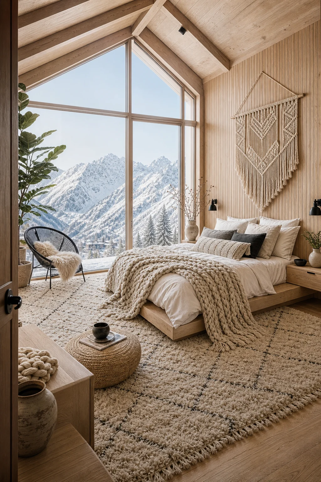 Full room view from the doorway showing a low-profile timber bed, geometric windows, and layered cream textiles.