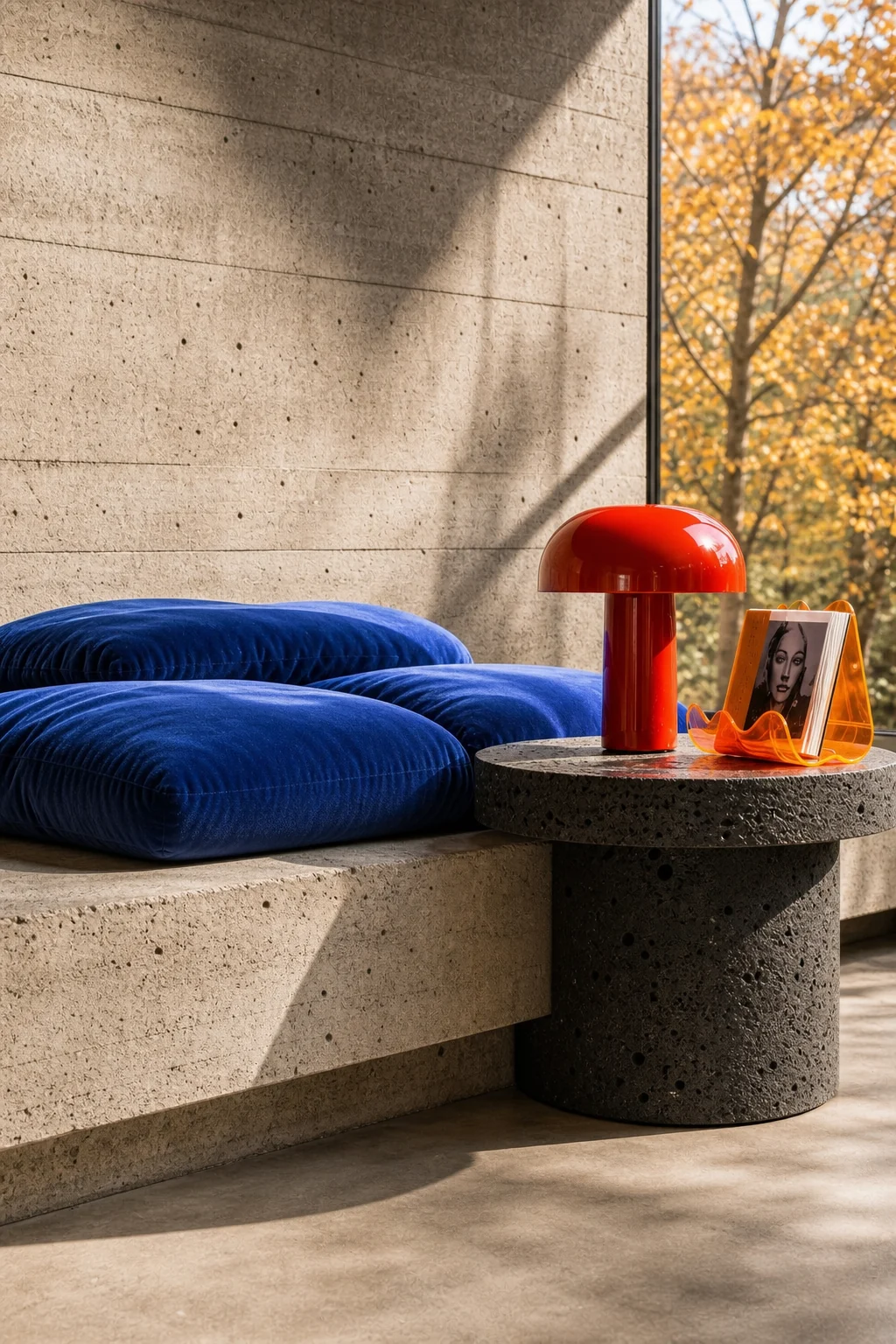 Low angle view of a raw board-formed concrete bench meeting a glossy cherry-red mushroom lamp.
