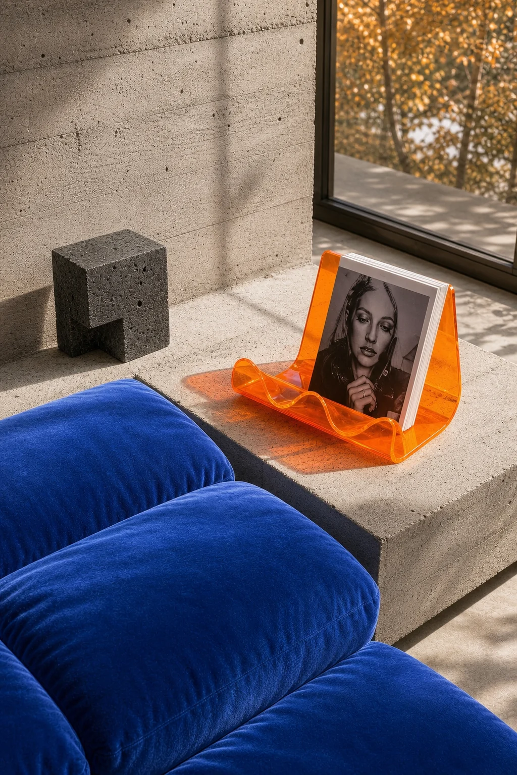 High angle detail of Yves Klein blue velvet cushions and a neon tangerine acrylic bookstand on a concrete surface.