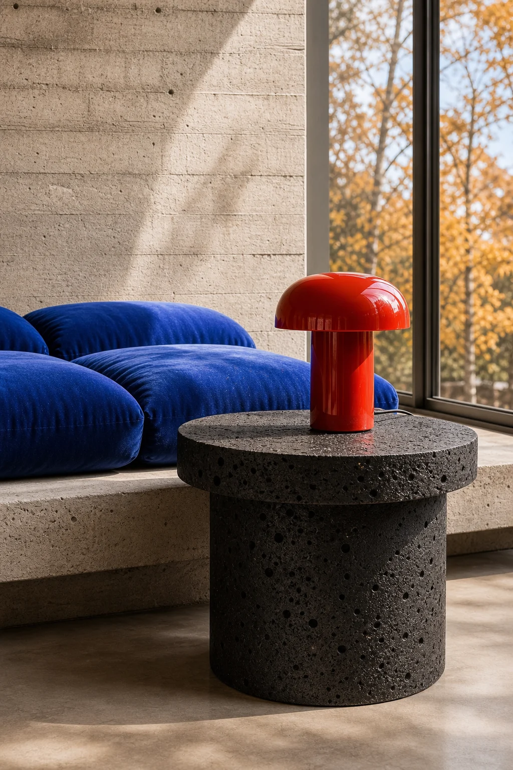 Medium shot of a matte black volcanic stone side table next to oversized blue cushions and a red lamp.