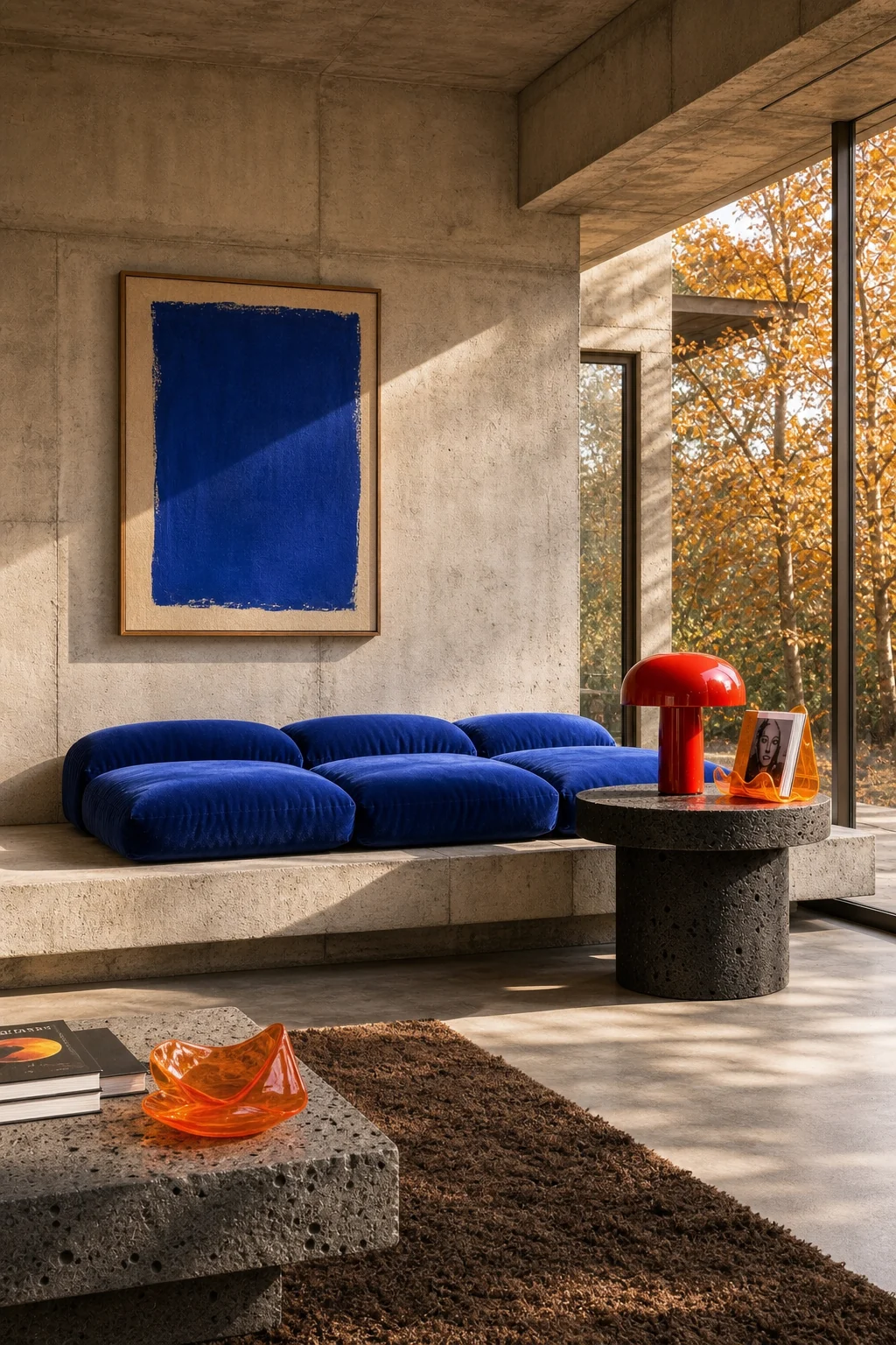 Wide shot of a reading nook with a concrete bench, blue cushions, a stone table, and a red lamp.
