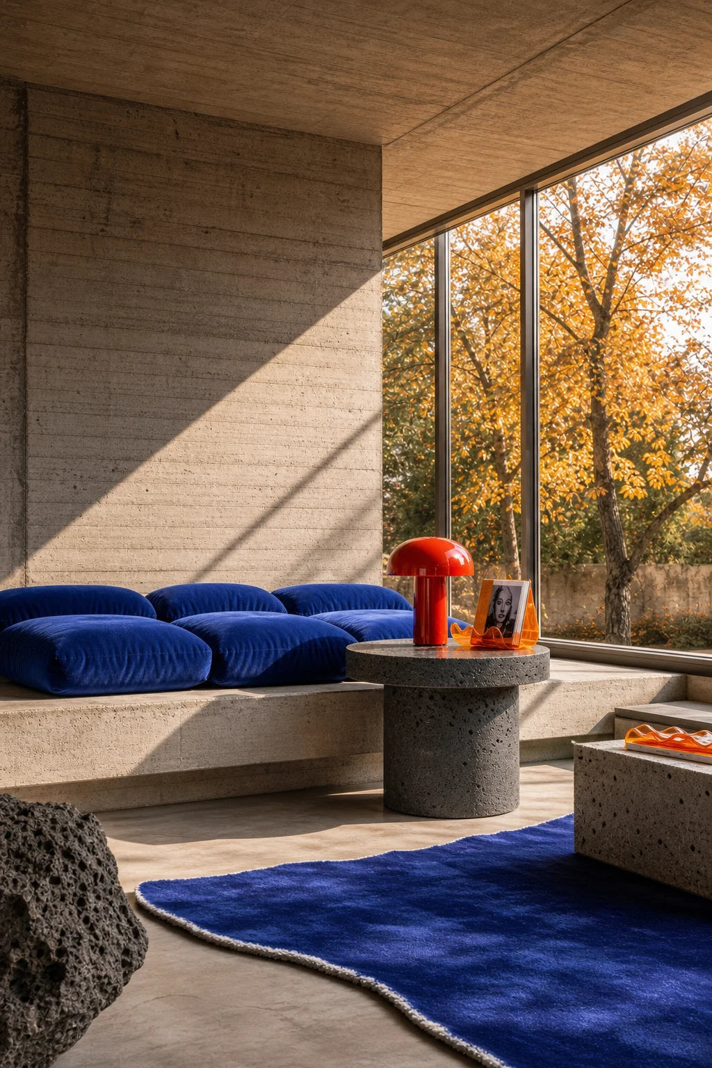 Wide architectural view of slanted autumn light hitting concrete walls and bright decor accents.