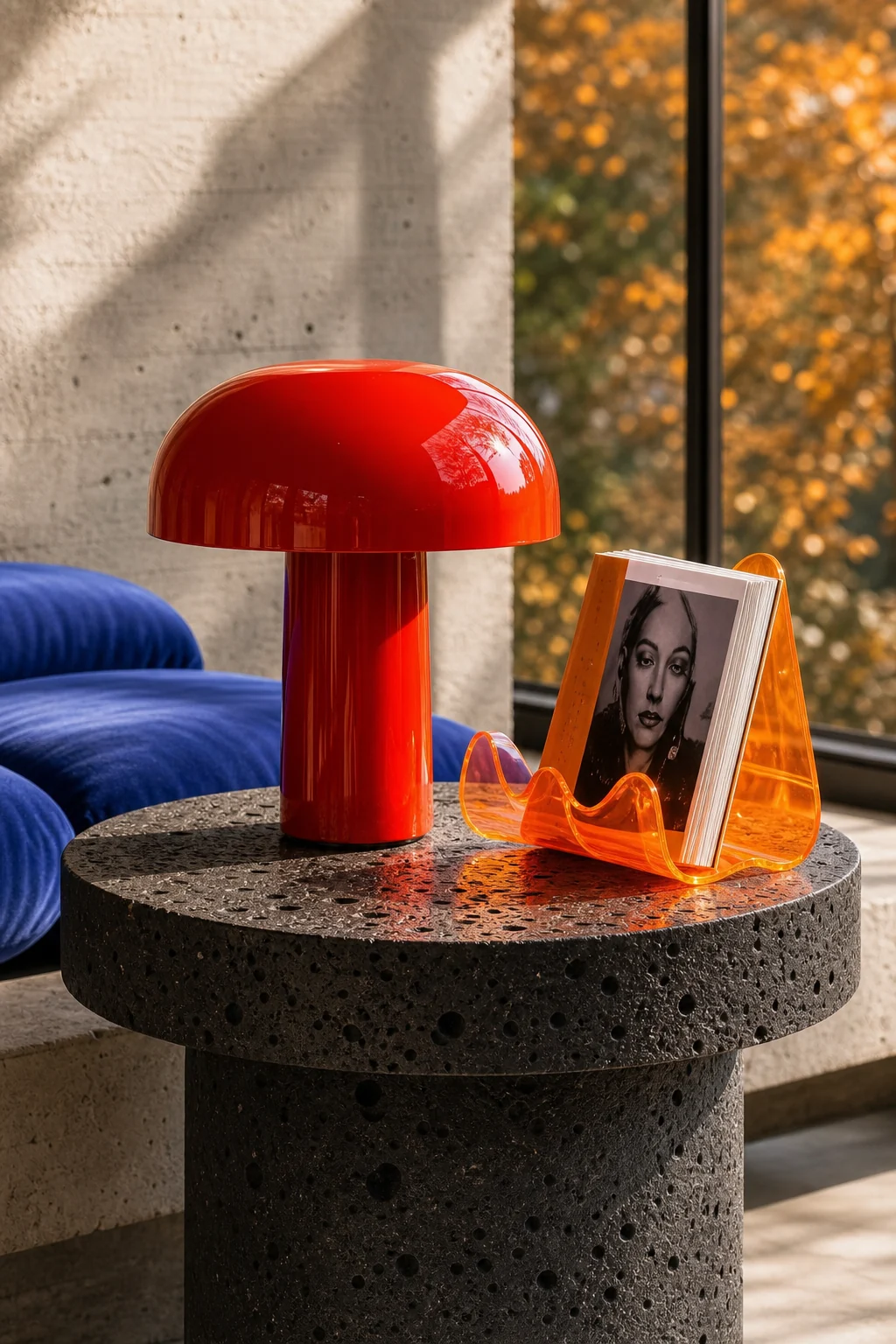 Macro detail of a neon tangerine acrylic bookstand on a matte black volcanic stone table.