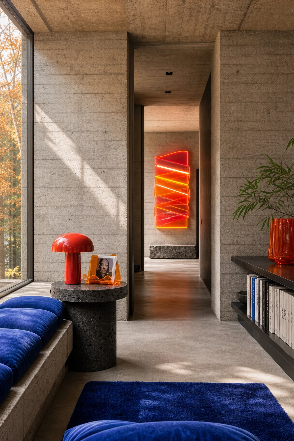 View past a concrete seating area into a hallway framing a bright neon acrylic wall sculpture.