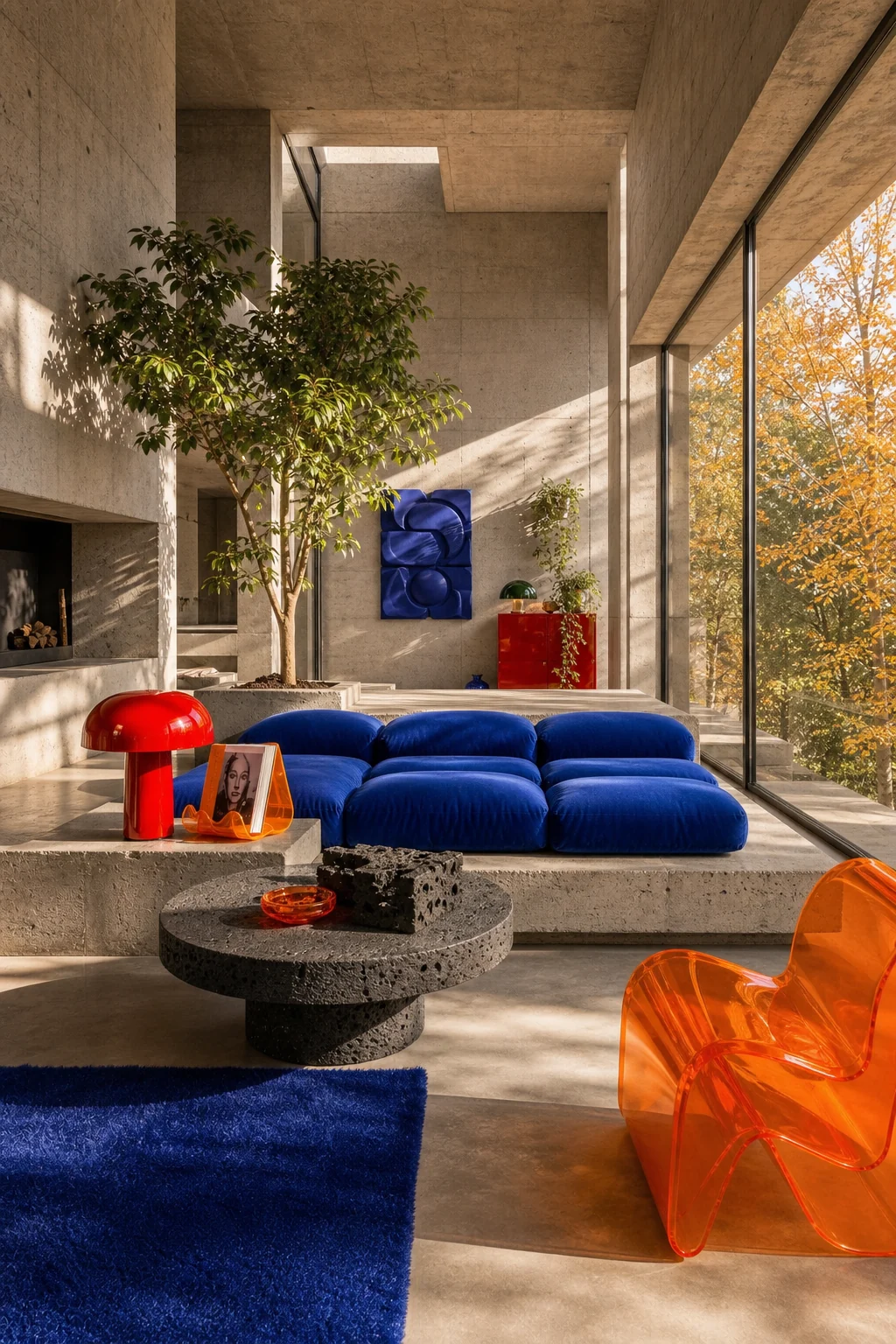 Generous full-room view showcasing the cohesive integration of concrete architecture and playful furnishings.