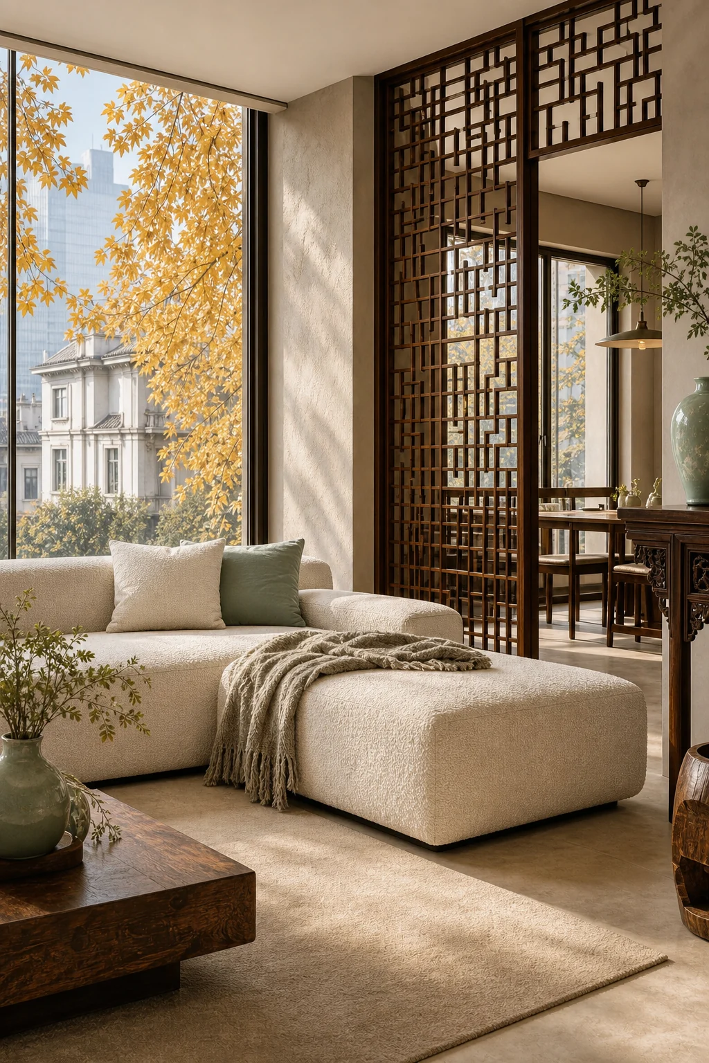 Cream bouclé modular sofa positioned near a carved wooden lattice screen.