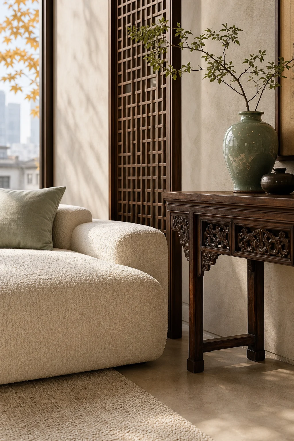 Close-up showing cream bouclé fabric next to dark antique elmwood.