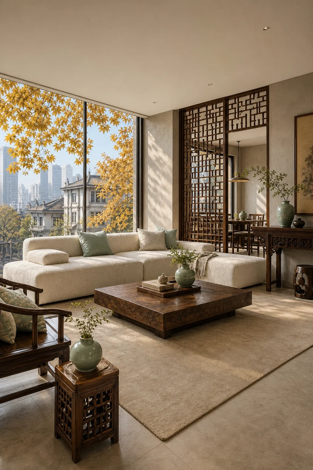 Complete living room seating area with modern sofa and antique table.