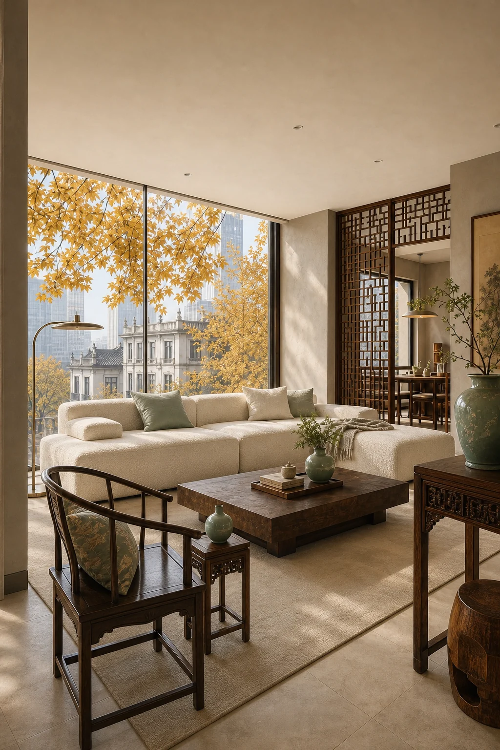 Floor-to-ceiling windows and a minimalist lamp illuminating a Ming-style chair.