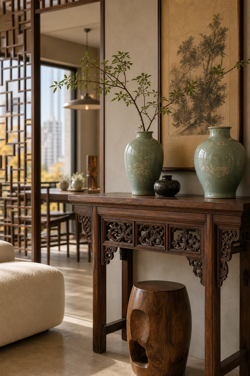Muted celadon porcelain vases styled on a dark elmwood table.