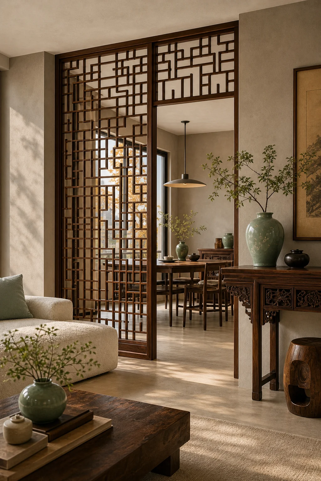 Carved wooden lattice screen dividing a living room and dining area.