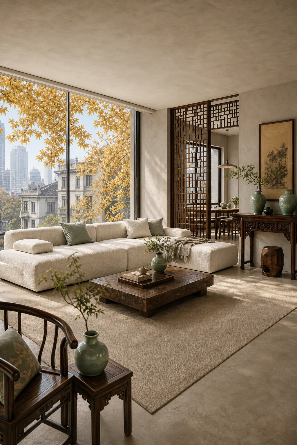 Wide view of a balanced living room mixing modern and traditional elements.