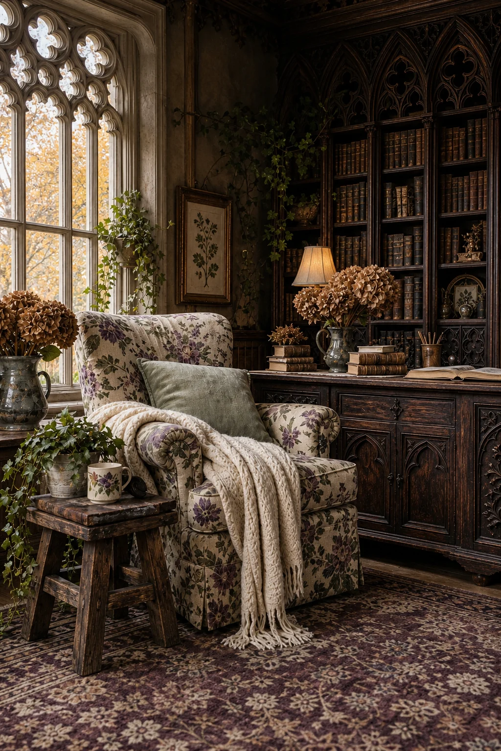 An overstuffed floral linen armchair placed directly in front of dark carved oak gothic wall panels.