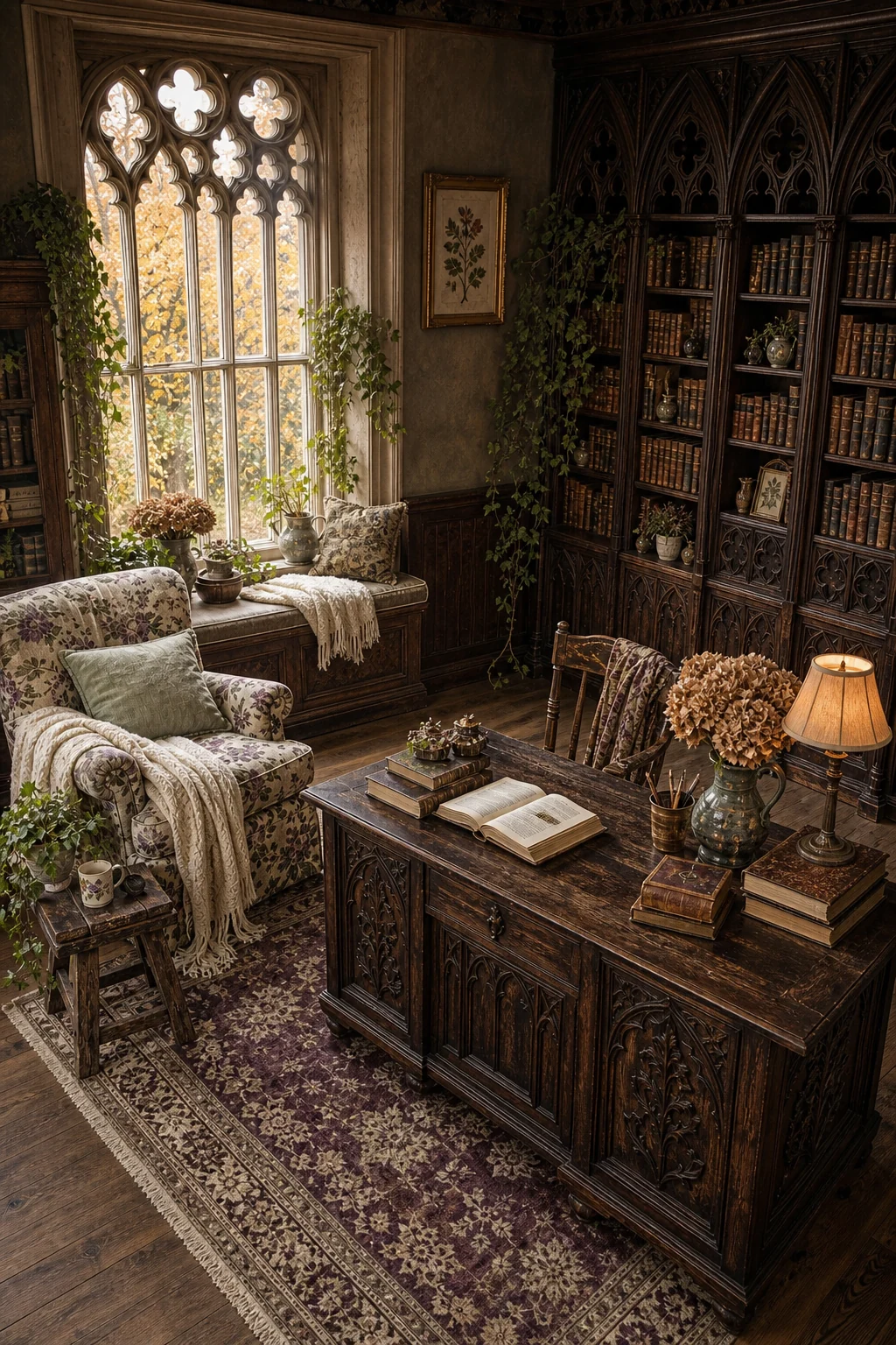 Looking down at a heavy gothic writing desk framed by towering bookcases, softened by trailing ivy.