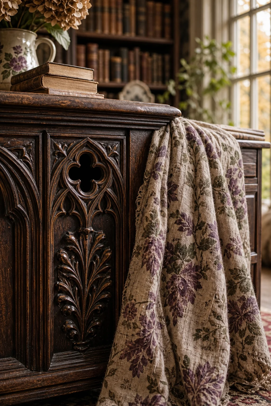 A close-up of a carved wooden gothic leaf detail next to a faded plum floral linen drape.