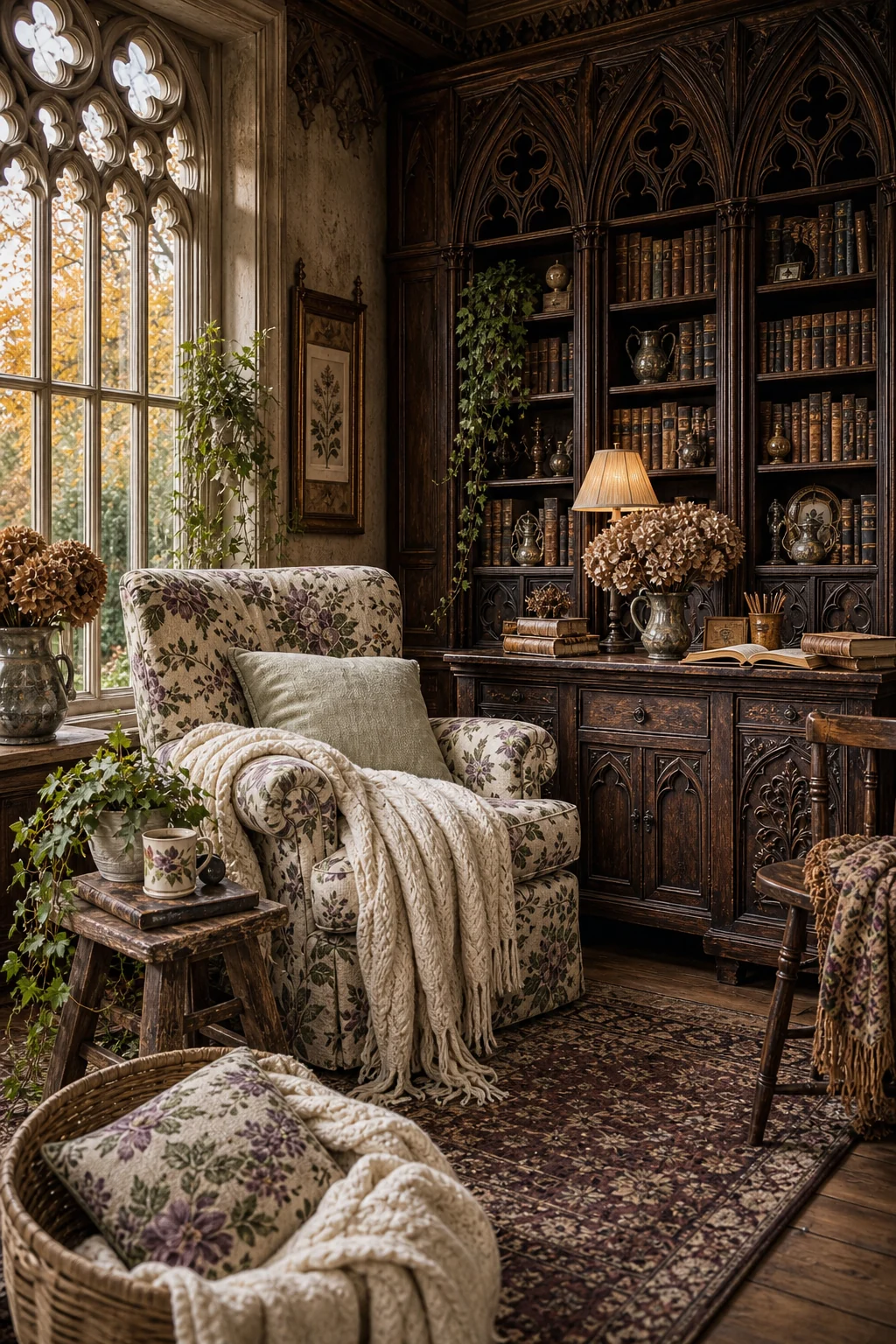 A complete reading nook featuring a floral armchair, side table, books, and a wool throw against a gothic bookcase.