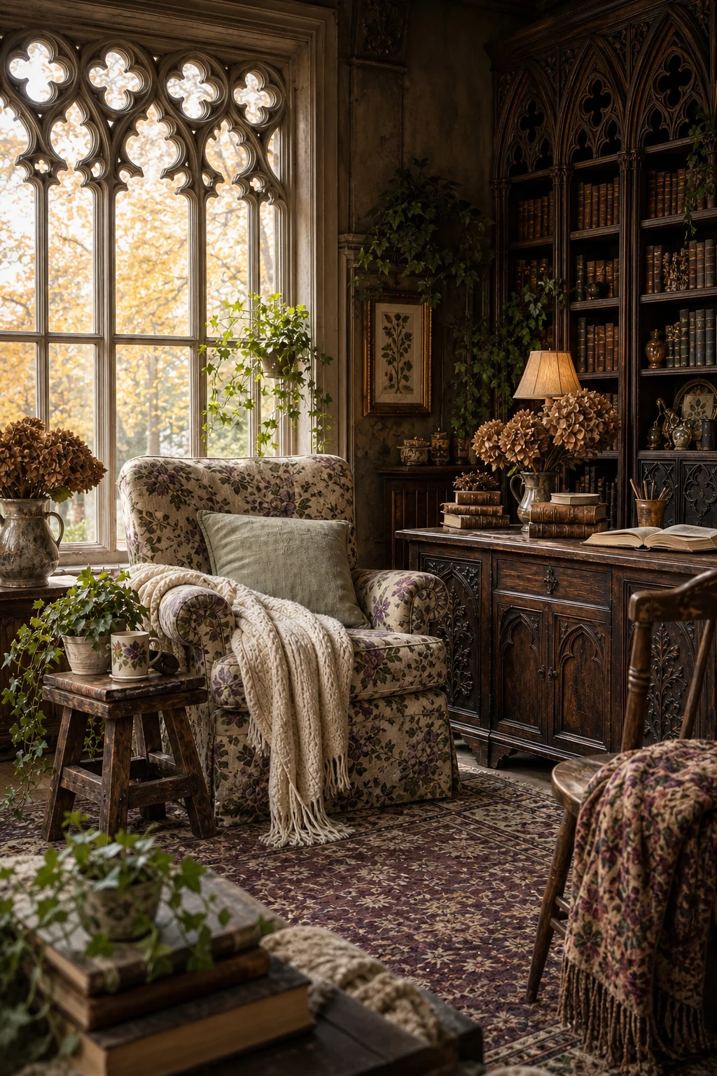 Bright diffused light streaming through quatrefoil window mullions onto a cozy reading chair.