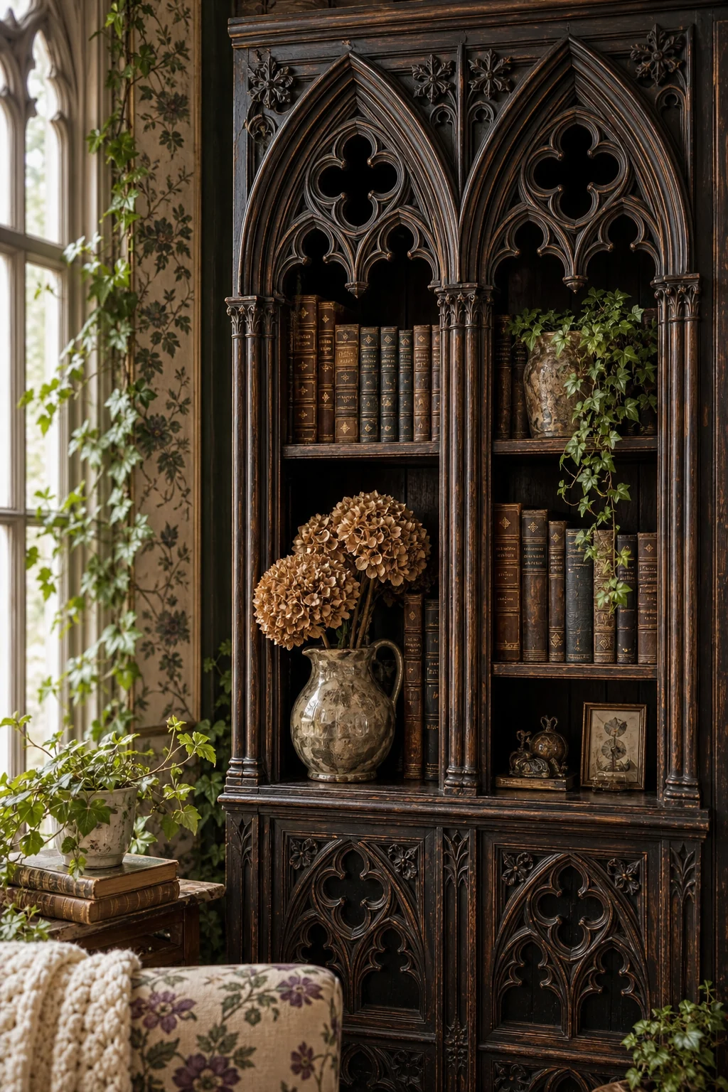 A single gothic oak shelf featuring leather books, a mismatched ceramic jug with dried hydrangeas, and trailing ivy.