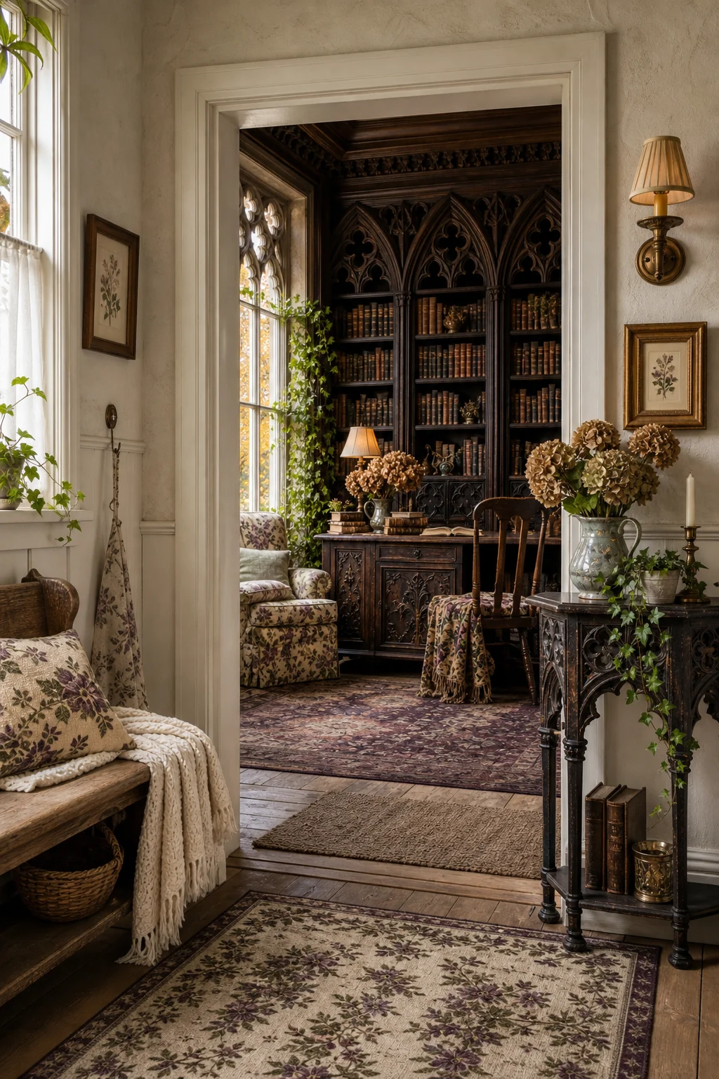 A view from a bright cottage hallway looking into the dark gothic library.