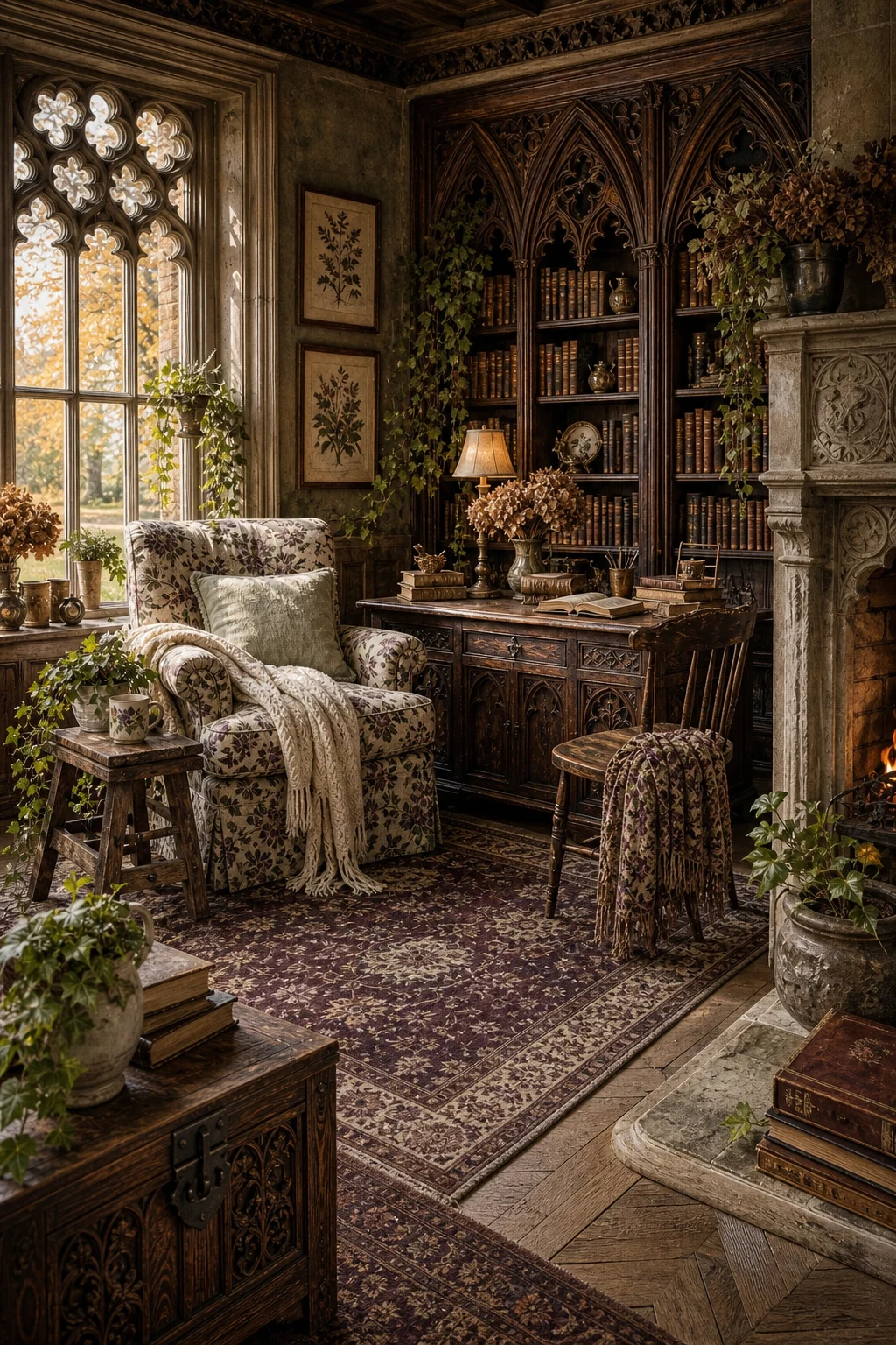 The entire integrated library showing the balance of dark wood and soft textiles.