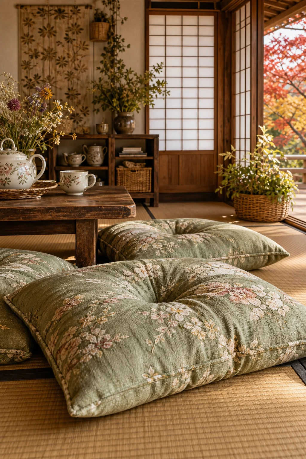Close-up of a plump, tufted floral-print linen floor cushion resting directly on a woven tatami mat.