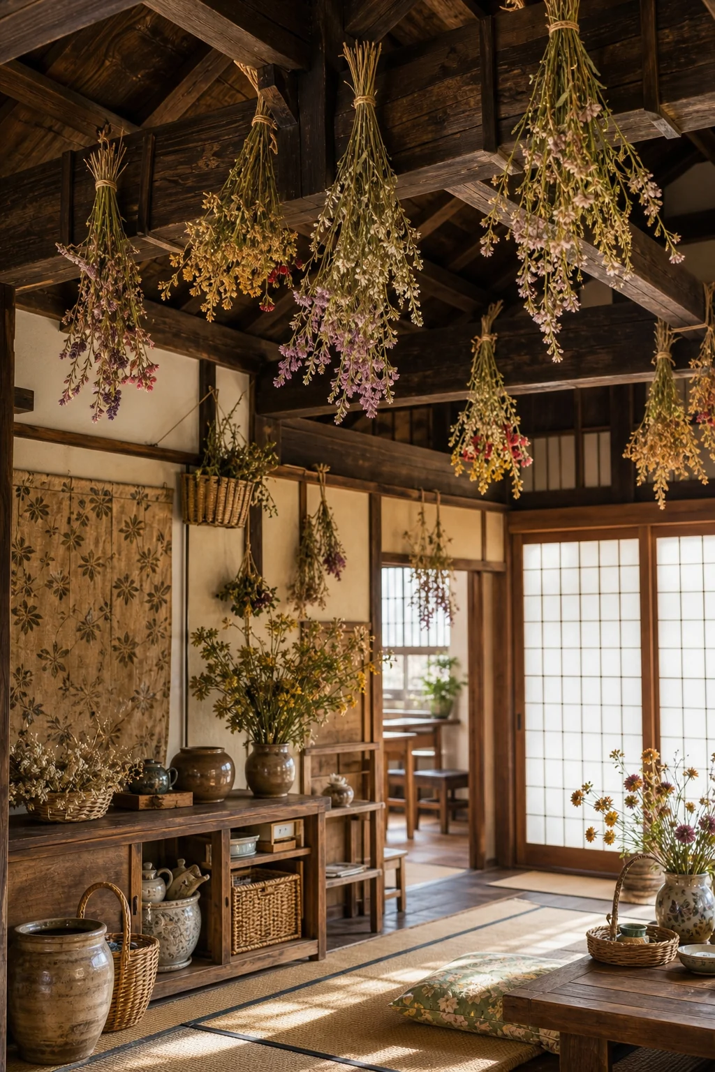 Dried wildflower bundles hanging from dark timber exposed rafters above a translucent shoji screen.