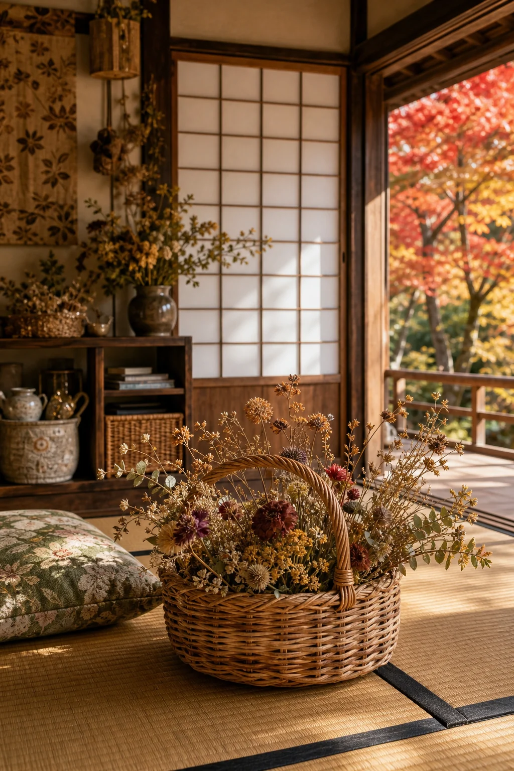 A rustic wicker basket filled with dried herbs sitting on a woven tatami mat.