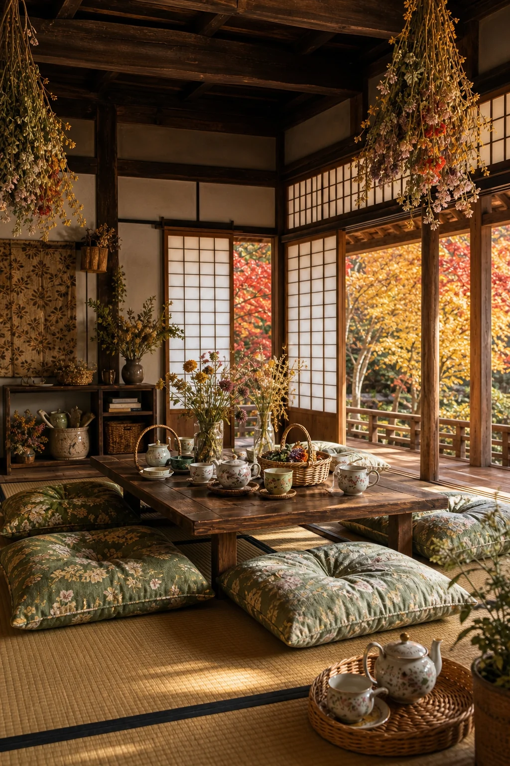 A low wooden chabudai table surrounded by floral cushions and topped with a vintage ceramic tea set.