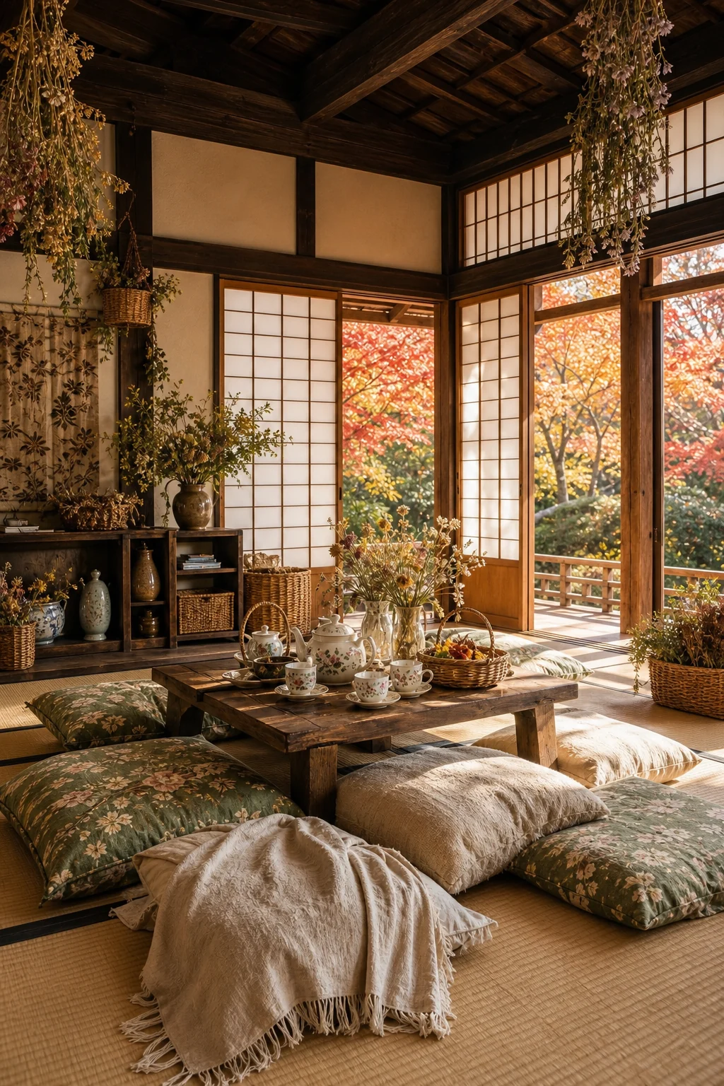 Golden autumn daylight washing over dark post-and-beam architecture and unbleached linen textiles.