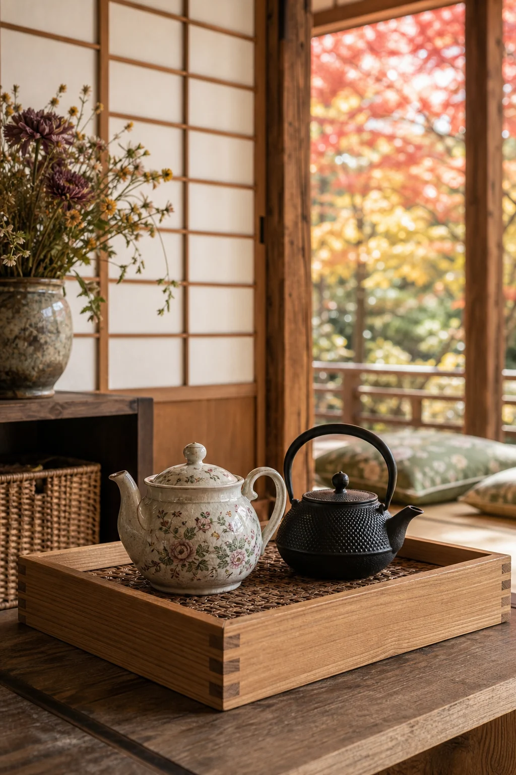 A vintage mismatched ceramic tea set and a cast-iron kettle on a low wooden console.