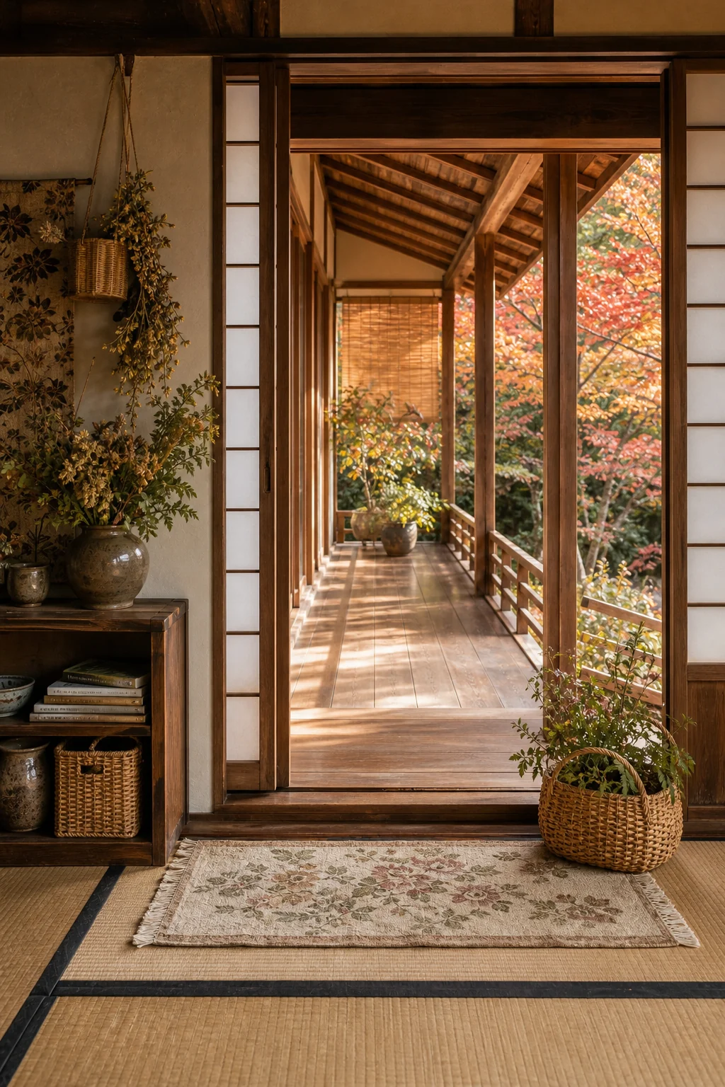 A transitional engawa corridor showing tatami mats meeting a small rustic floral rug.