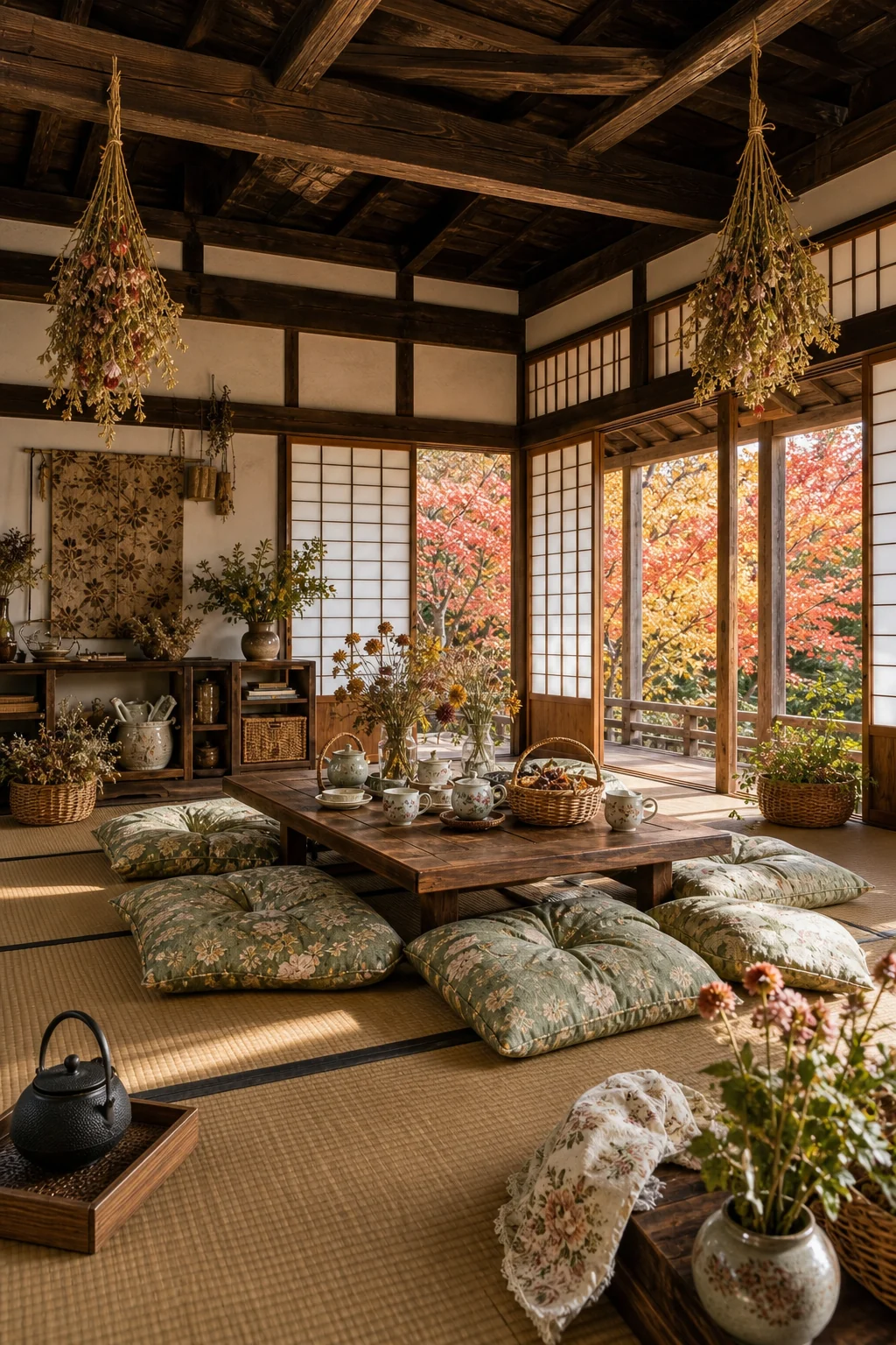 Full room view balancing dark timber architecture, shoji screens, and cozy floral textiles.