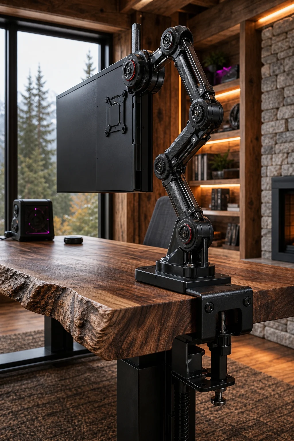 Close-up of a matte carbon fiber robotic monitor arm clamped to a raw walnut slab edge.