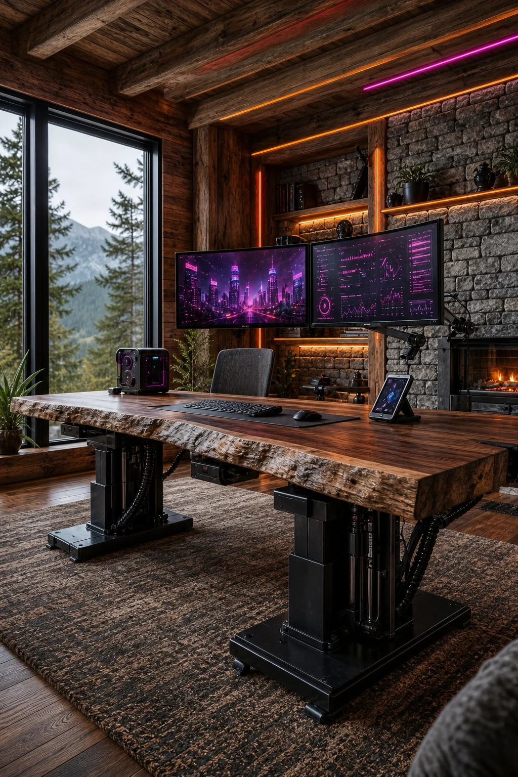 Low angle showing a thick live-edge walnut desk resting on heavy matte black iron hydraulic legs, natural stone wall behind.