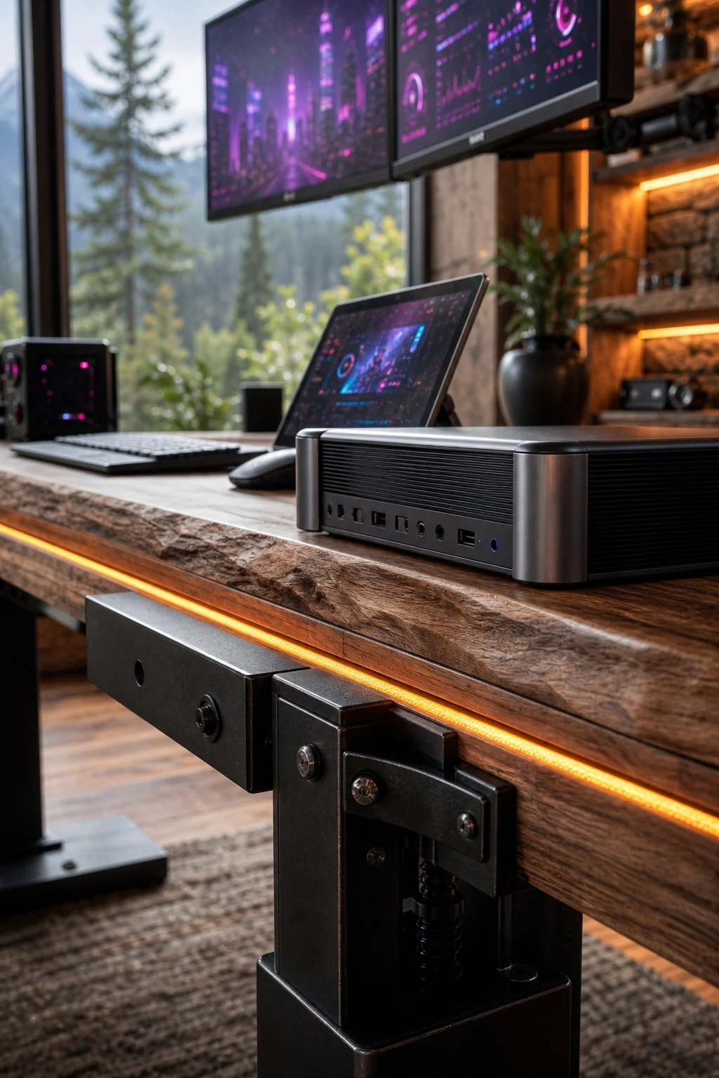Detail shot of matte black iron hardware transitioning into an anodized aluminum tech casing, with a warm amber LED strip embedded in the wood.