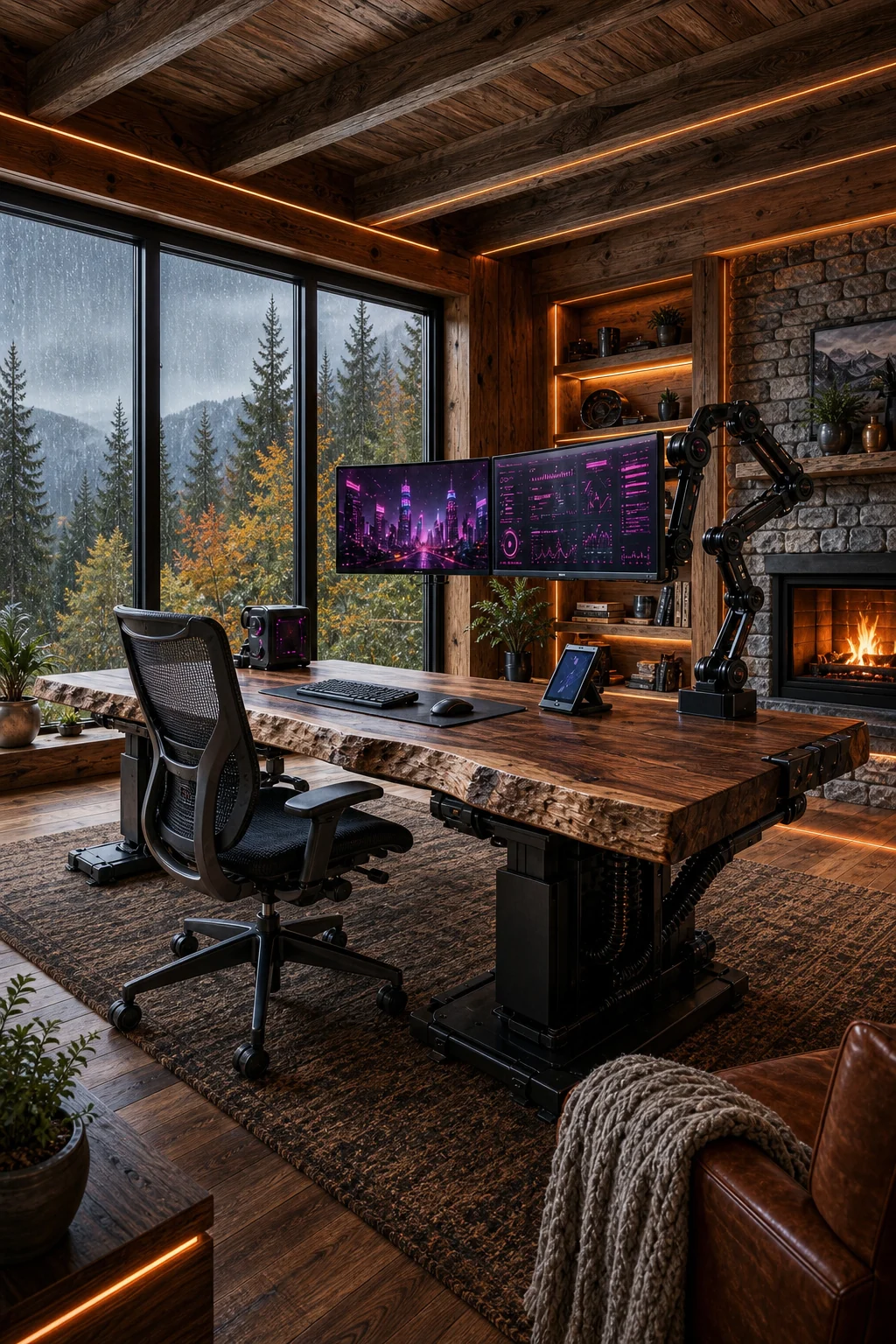 Medium shot of the main seating vignette: an ergonomic mesh chair tucked under the live-edge desk, dual curved monitors glowing, against a stone backdrop.