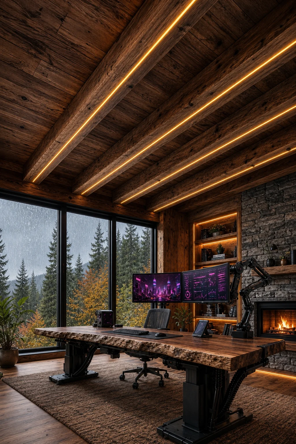 Wide architectural view focusing on the ceiling and walls, showing Douglas fir beams embedded with clean, straight lines of amber LED lighting.