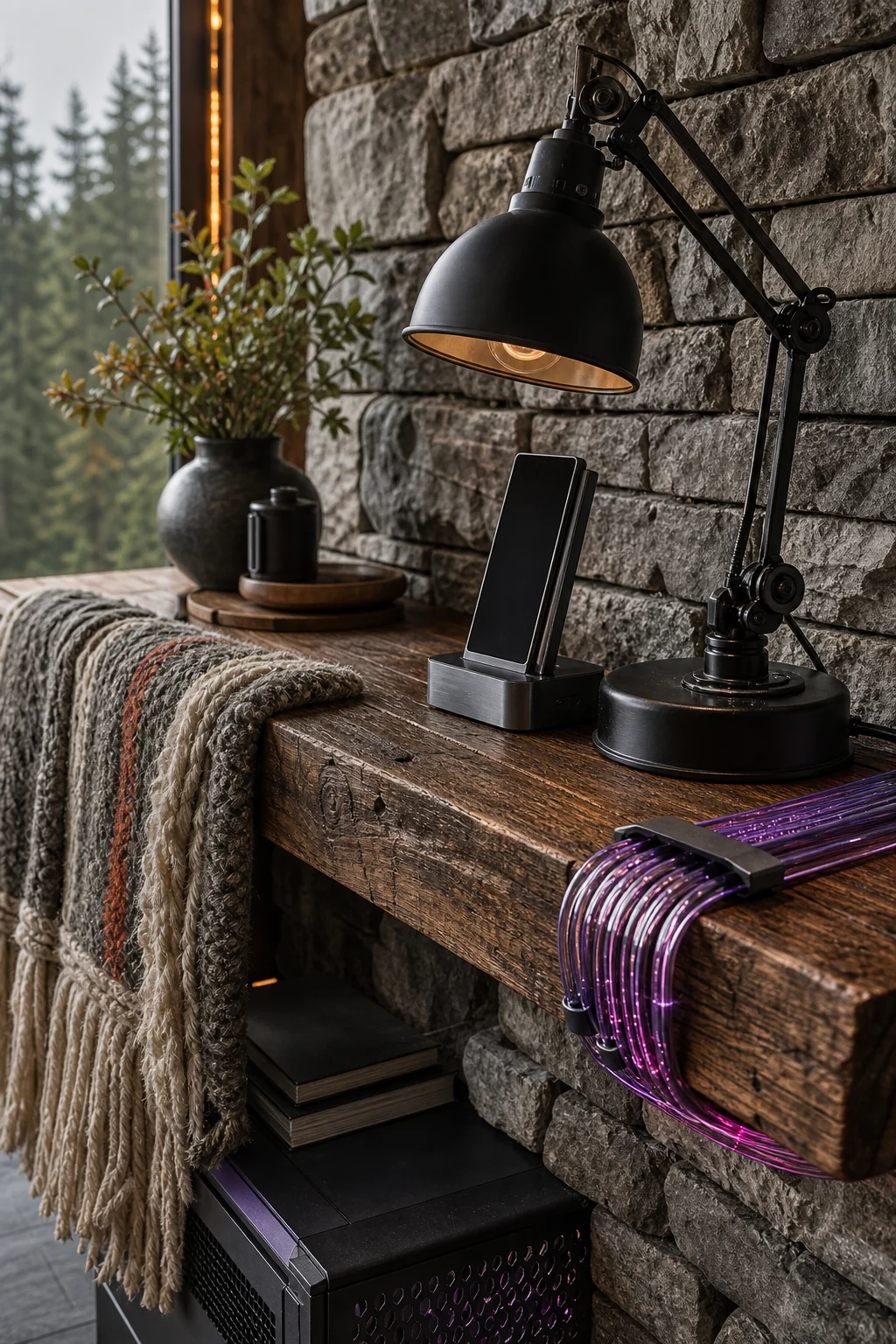 Detail of a raw wood floating shelf holding a matte black iron lamp, a small glowing tech accessory, and a woven wool textile.