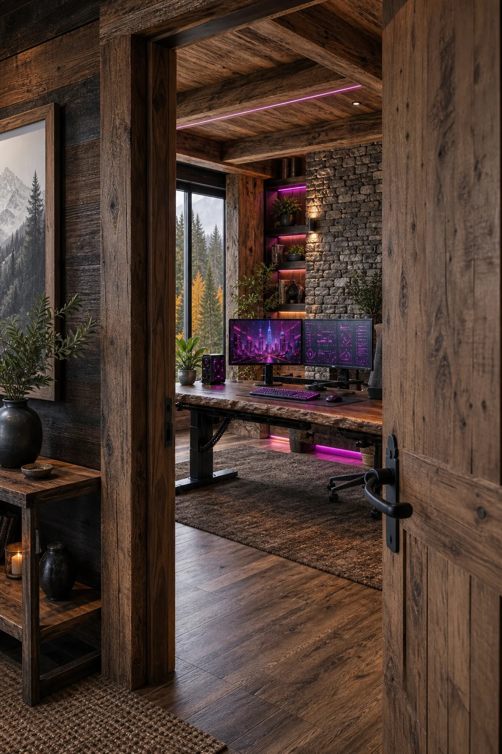 View of a heavy timber office door slightly ajar, revealing a glowing mechanical keyboard and a stone wall inside.
