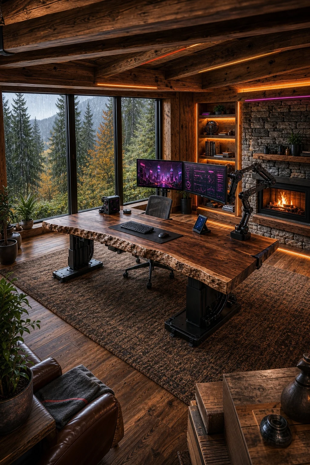 Full-room proof from a different angle, showing the cohesive blend of the desk, stone wall, glowing LEDs, and rainy window view.