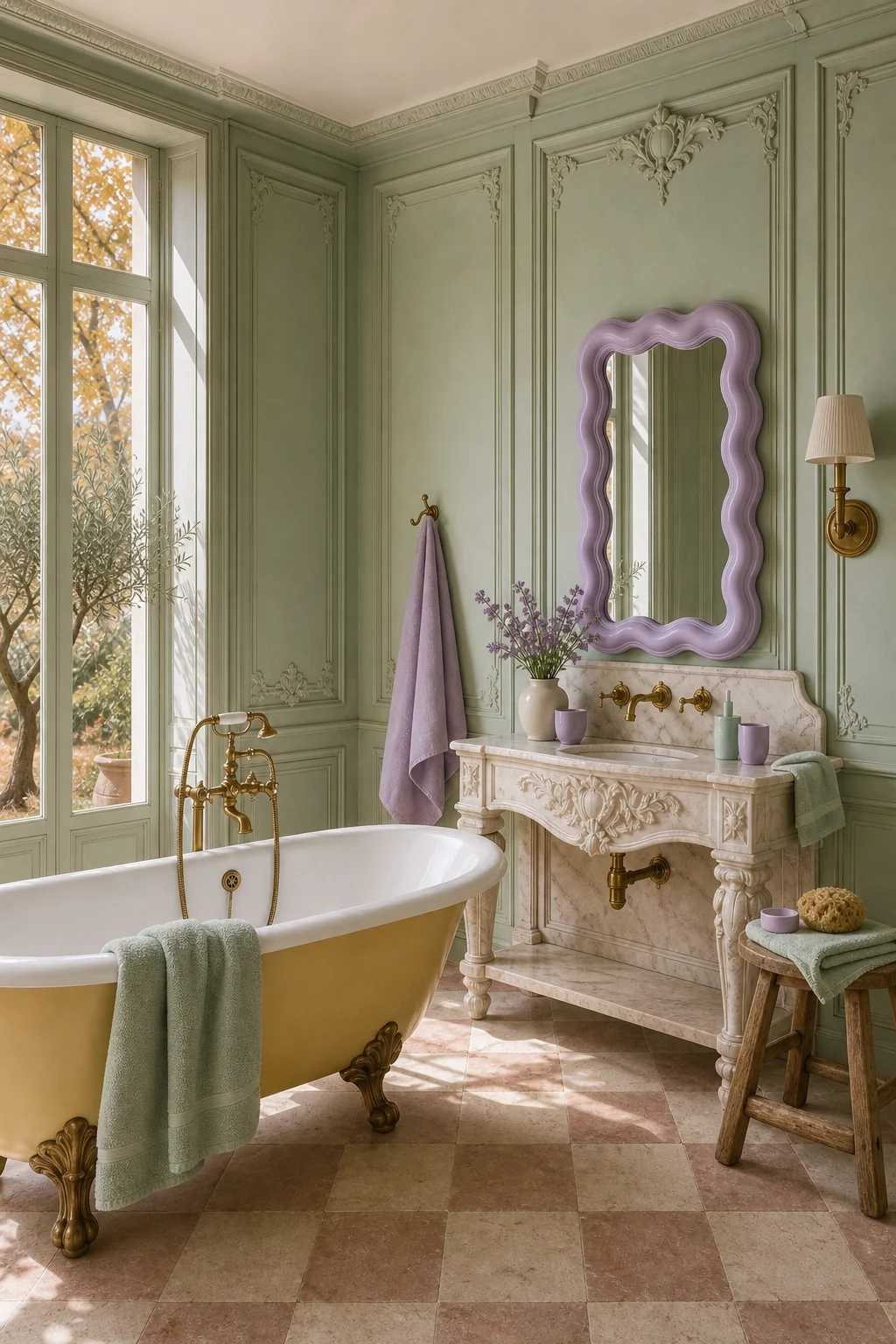 Close-up of a wavy lilac mirror hanging above an antique carved marble bathroom sink