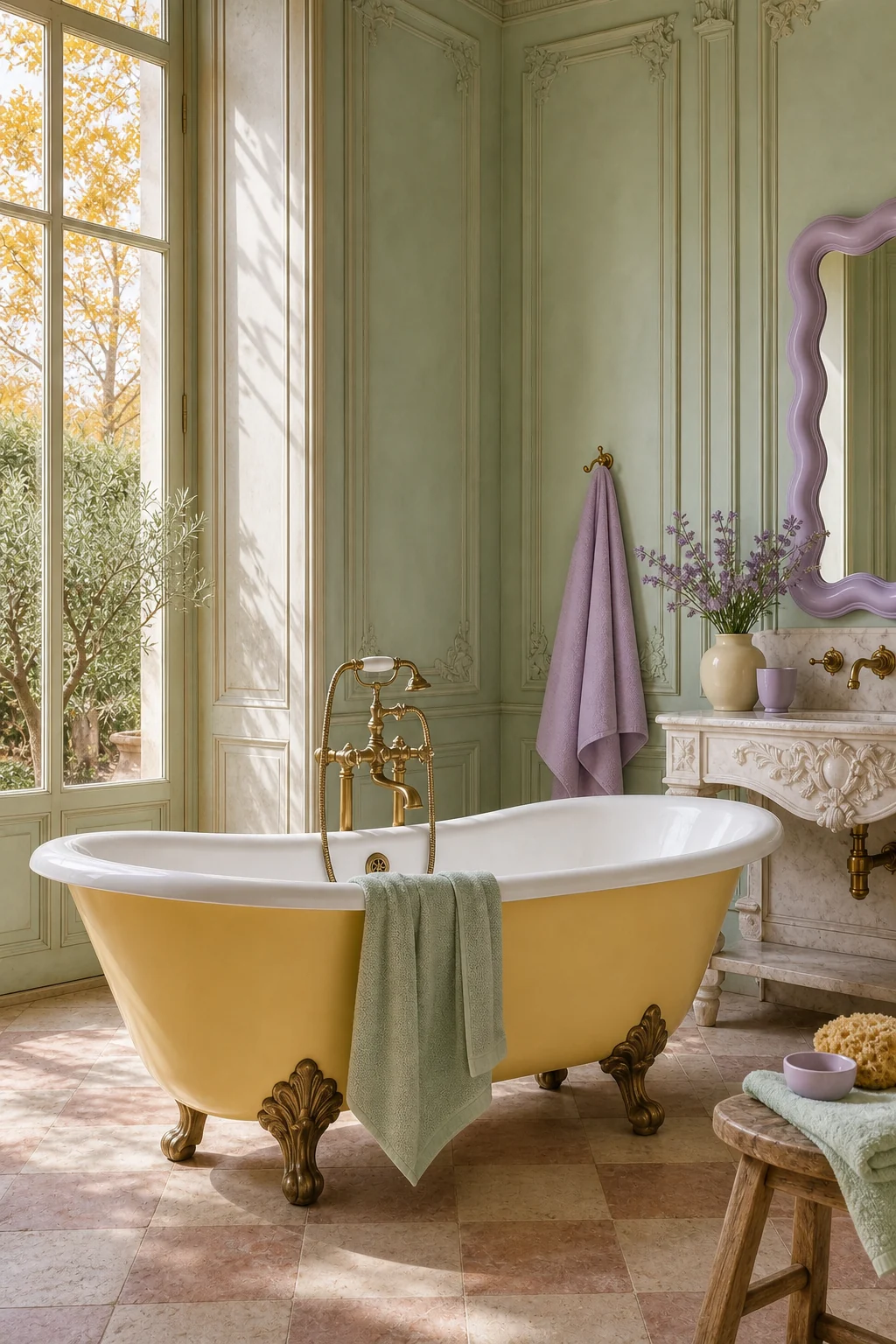 Profile view of a traditional cast-iron bateau bathtub painted butter yellow against mint green paneled walls