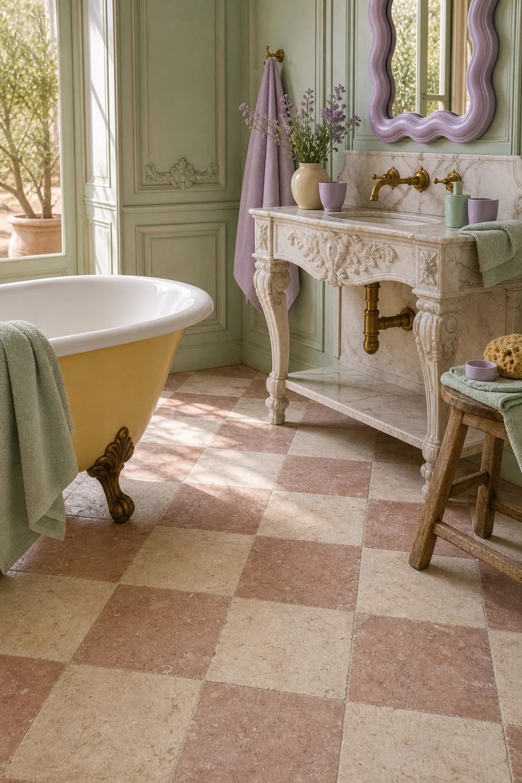Downward angle showing a checkerboard floor made of tumbled pink and cream limestone next to a yellow tub