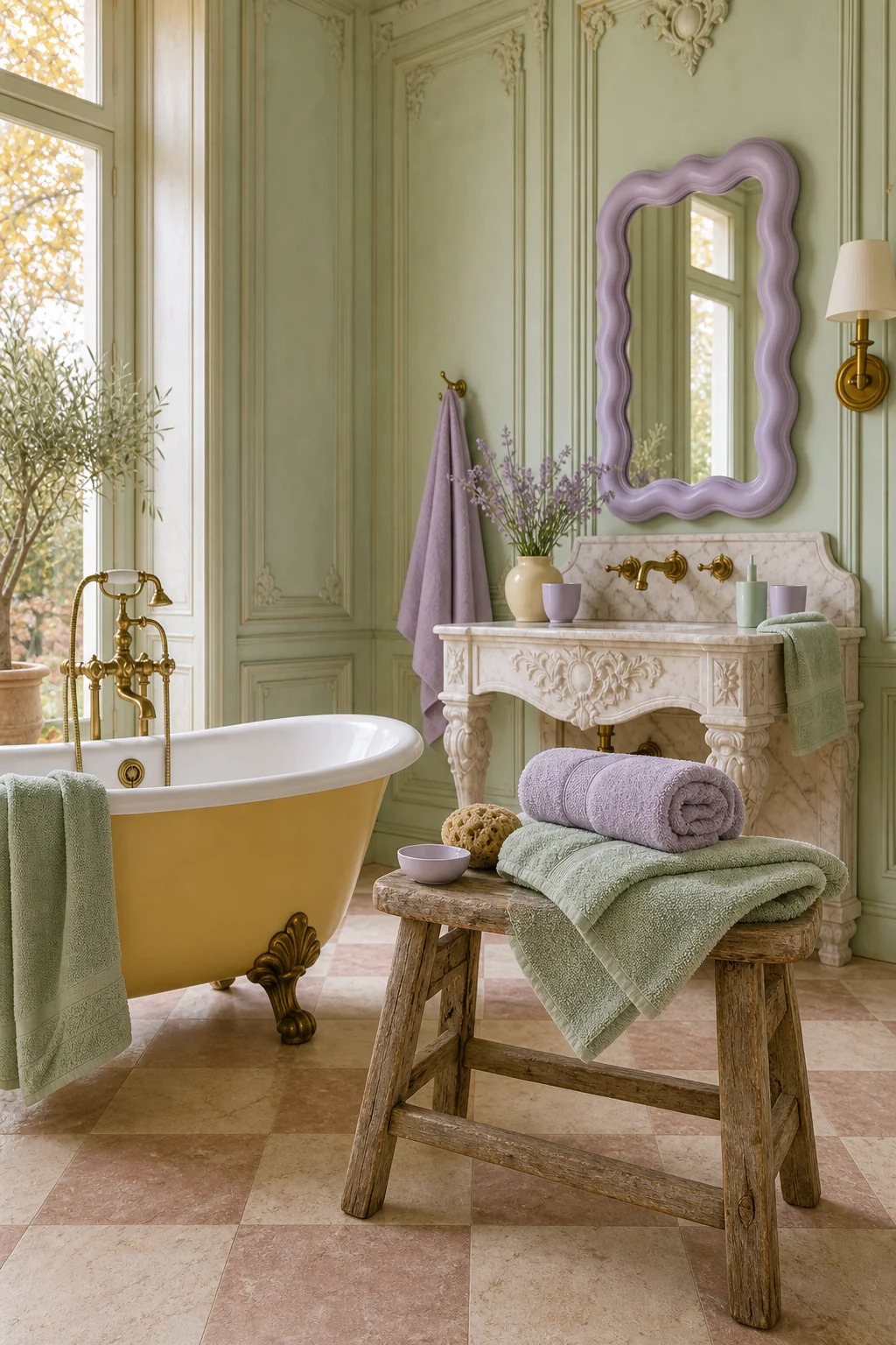 Antique wooden stool holding neatly folded mint green and lilac towels in a bathroom corner