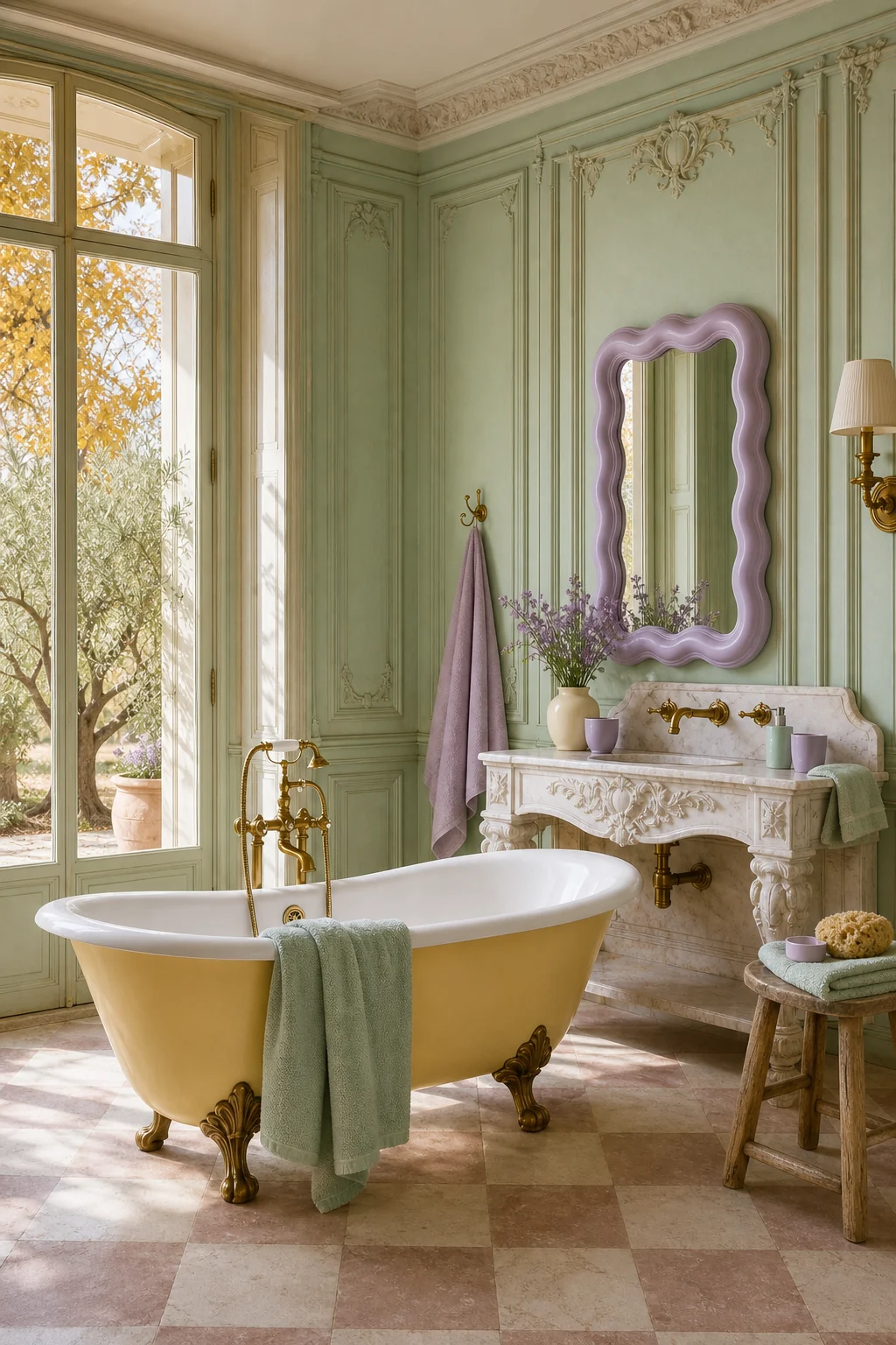 Tall French windows framing autumn olive trees, with sunlight hitting mint green paneled walls