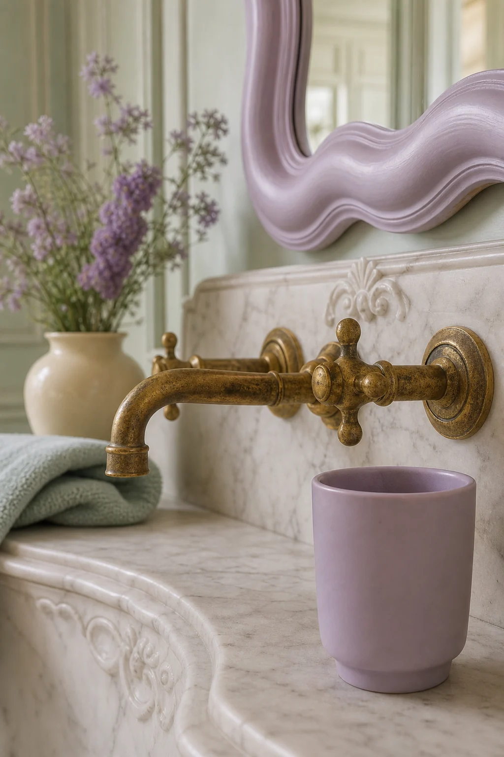 Macro detail of unlacquered brass faucets next to a matte lilac ceramic cup on a marble sink