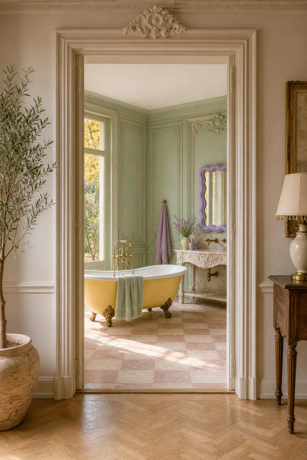View through a grand doorway threshold looking into a bathroom with a pink and cream checkerboard floor