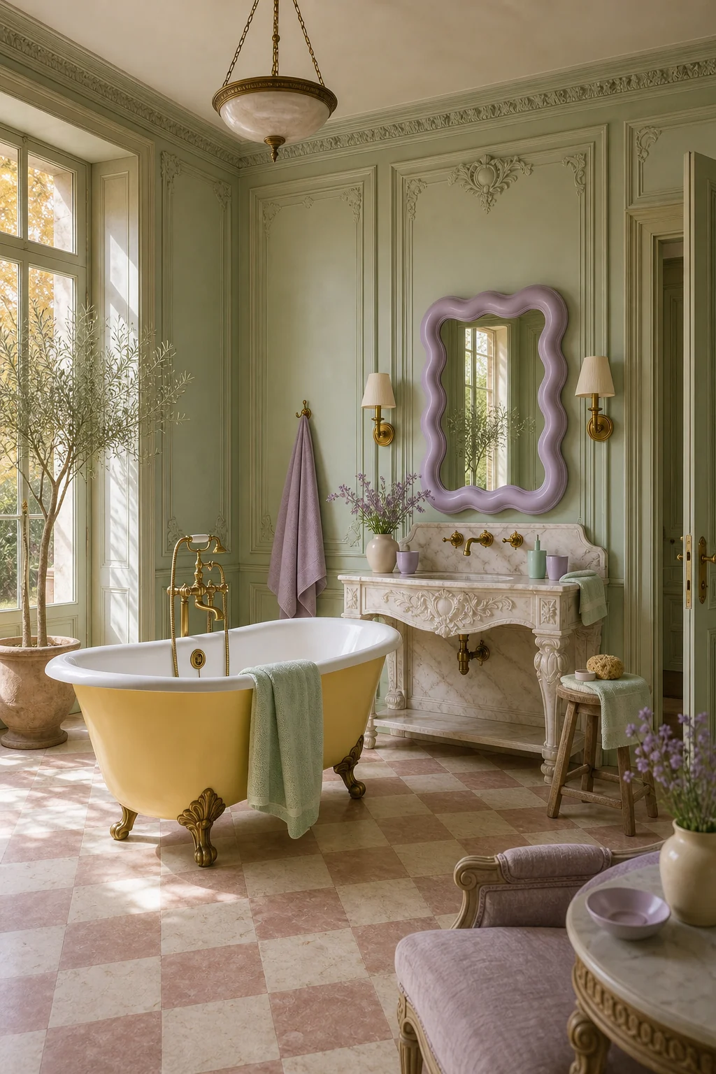 Wide room angle showing a balanced mix of marble, brass, mint walls, and a yellow tub