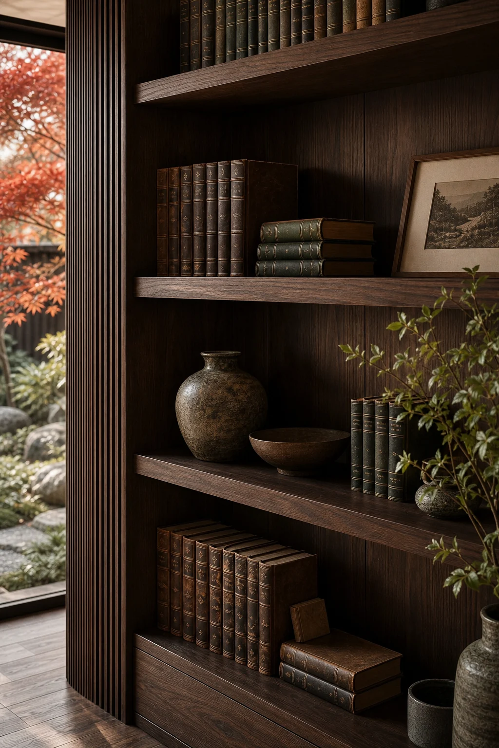 Close-up of minimalist floating shelves made of dark espresso walnut holding a few vintage books.